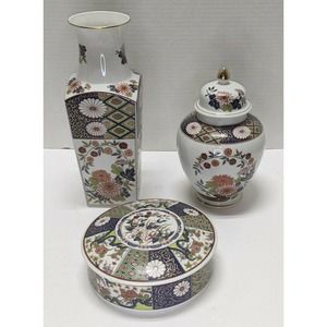 IMARI EMPRESS Porcelain 3 Piece Collection Vase Temple Jar w/ Lid & Serving Dish